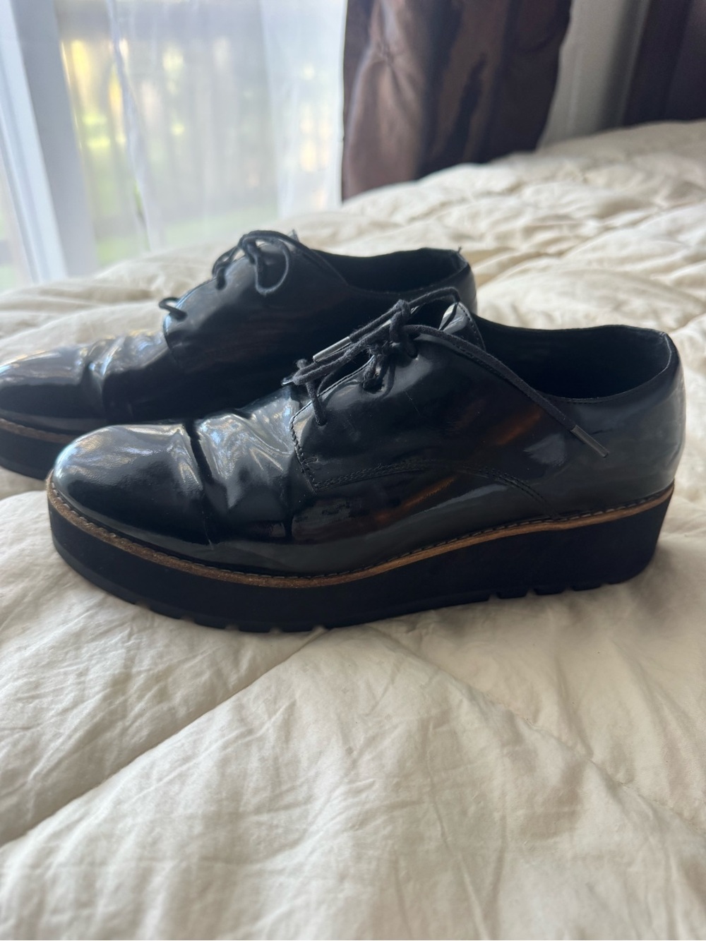 Eileen Fisher Black Patent Leather Platform Oxford Shoes Women’s Size 8